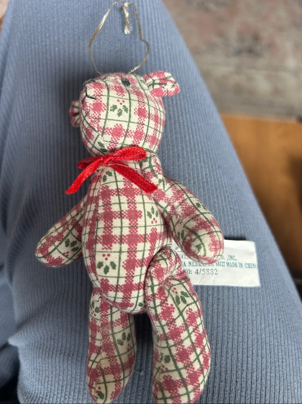 Pink Plaid Plush Dog Toy Bear with Red Bow